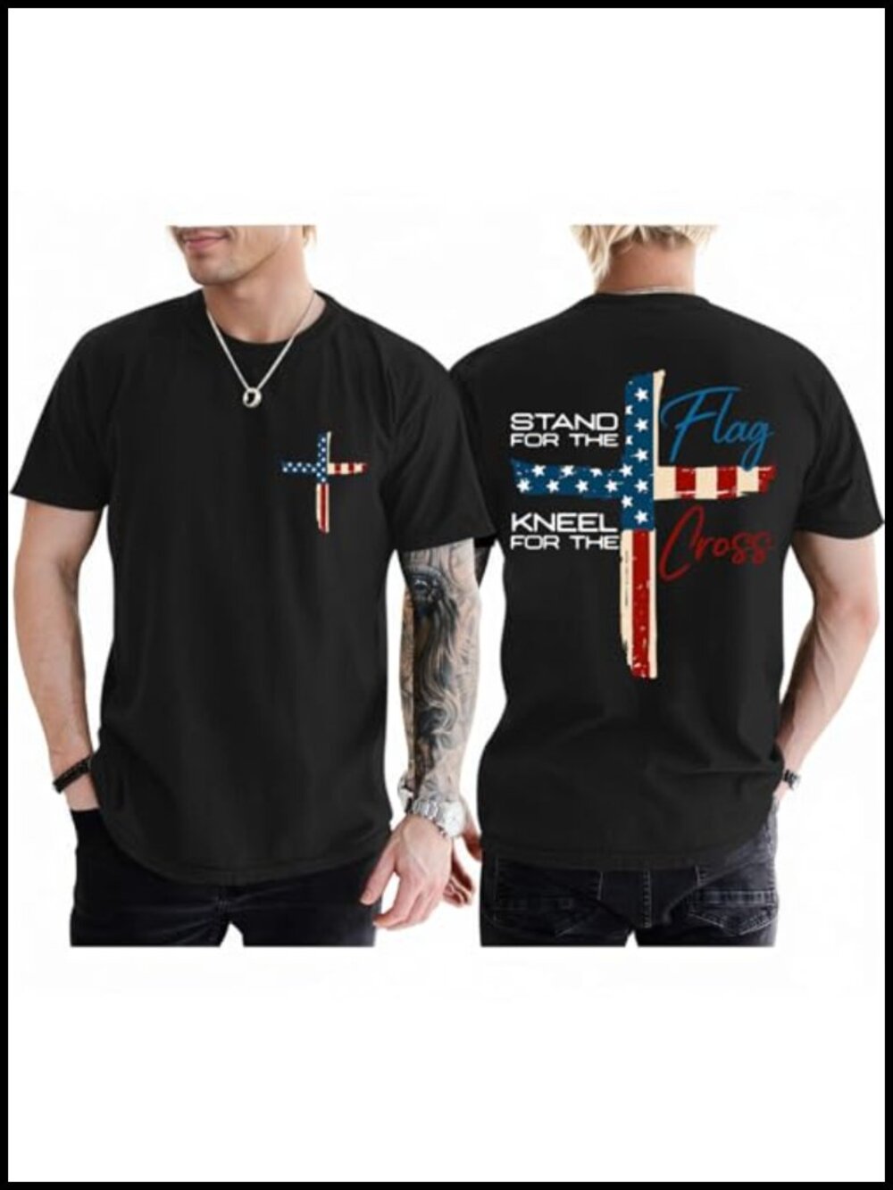 Mens Christian Stand for The Flag Kneel for The Cross Graphic T-Shirt